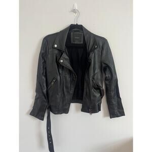 Elodie Faux Leather Moto Jacket Women XS Black Biker‎ Zip Belted